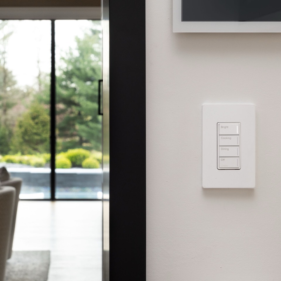 Installed Lutron Sunnata RF keypad controlling room scenes